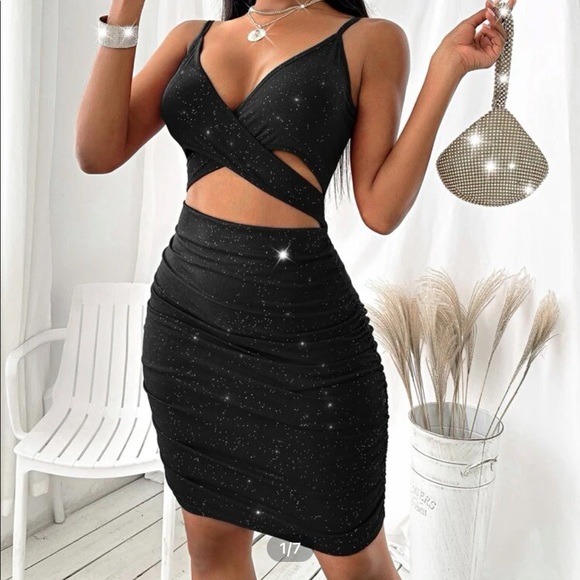 black sparkle ruched bodycon dress - Picture 1 of 3